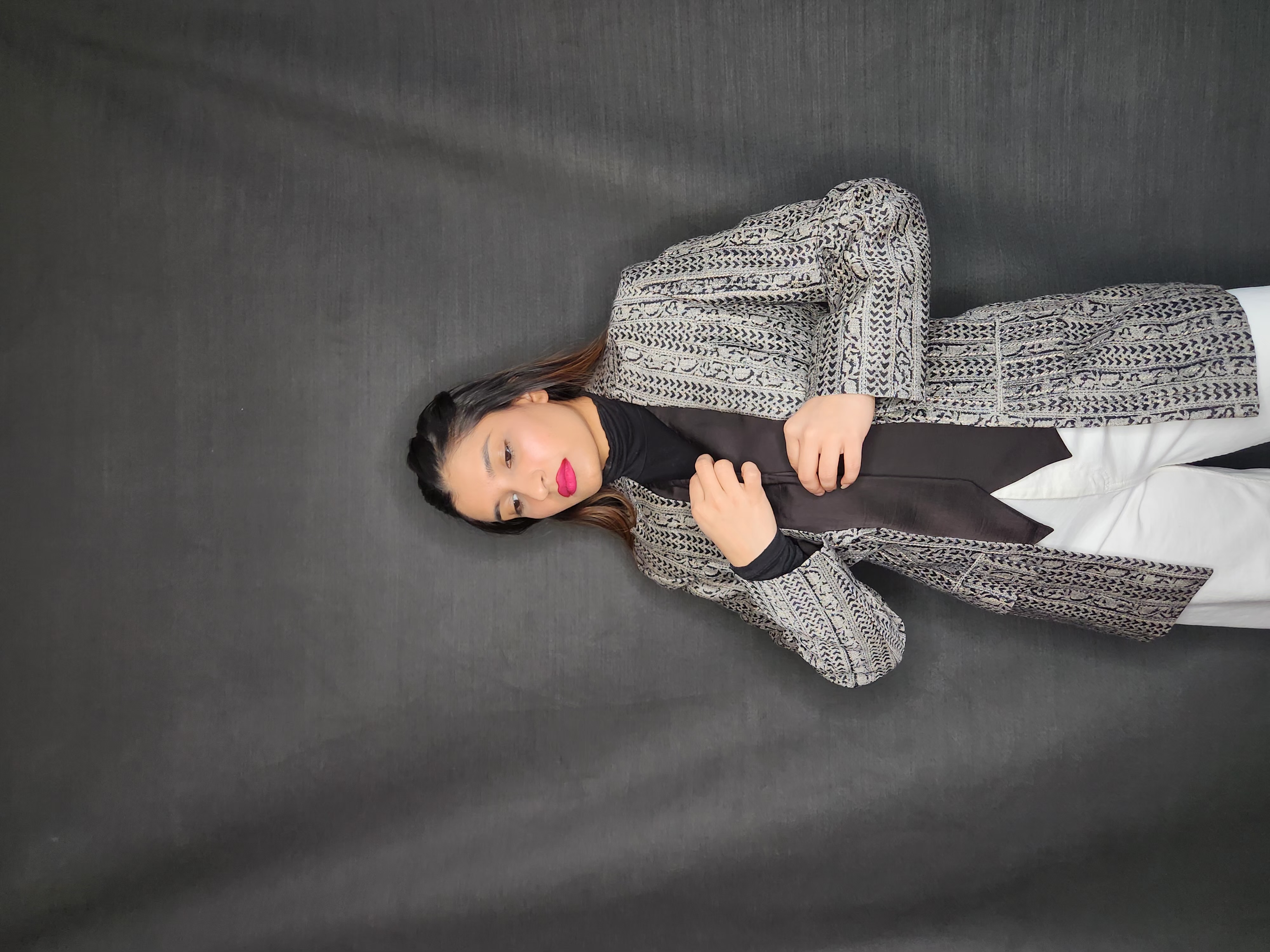 Grey Block Print Kimono Jacket