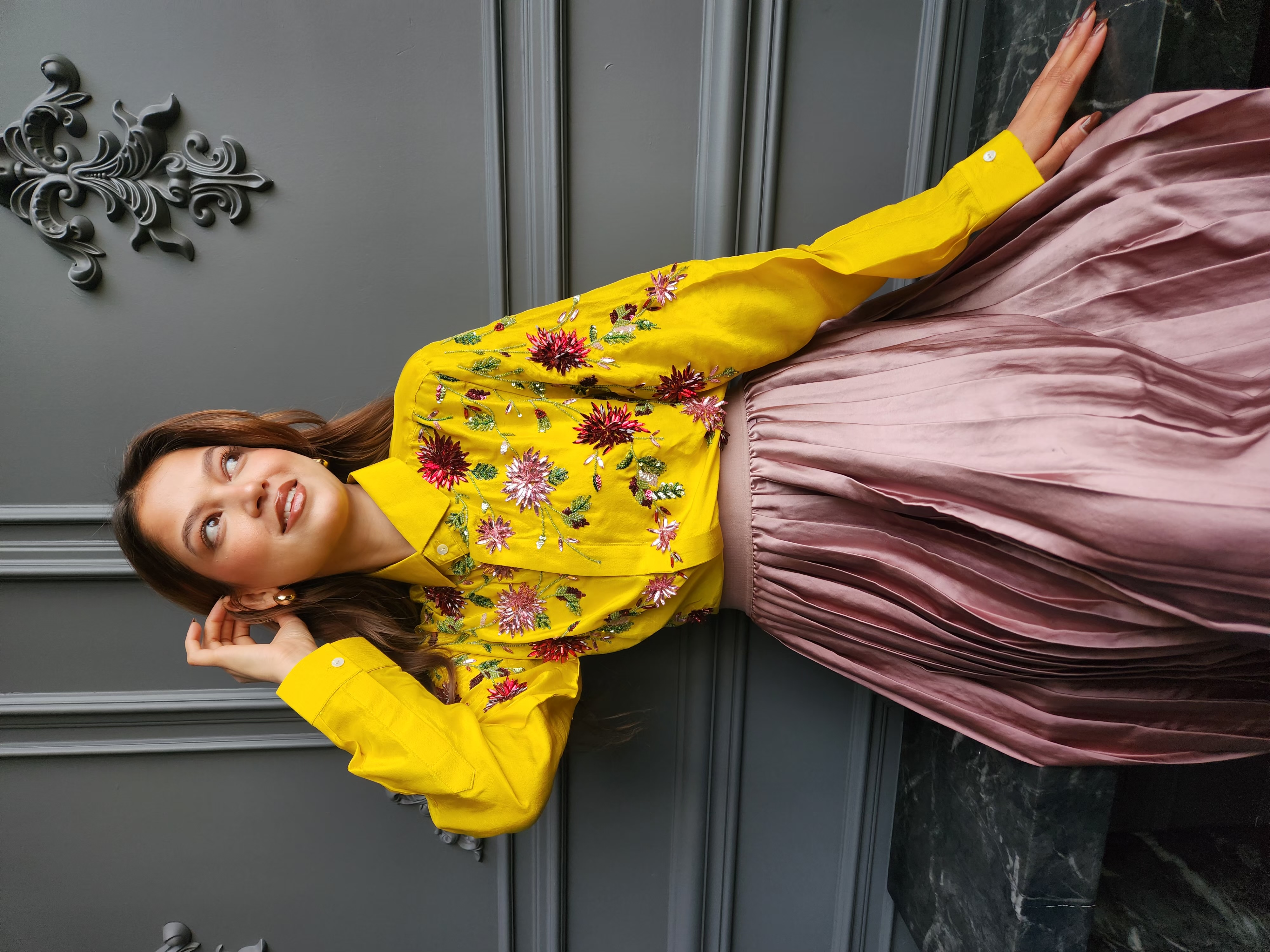 Yellow embroidered floral shirt